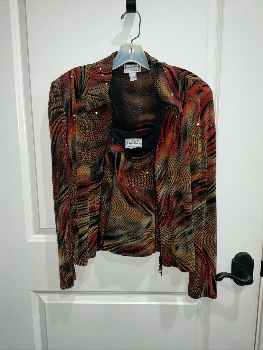 Joseph Ribkoff 2 Piece Multicolor Wave-Print Jacket - Red, Brown, Black